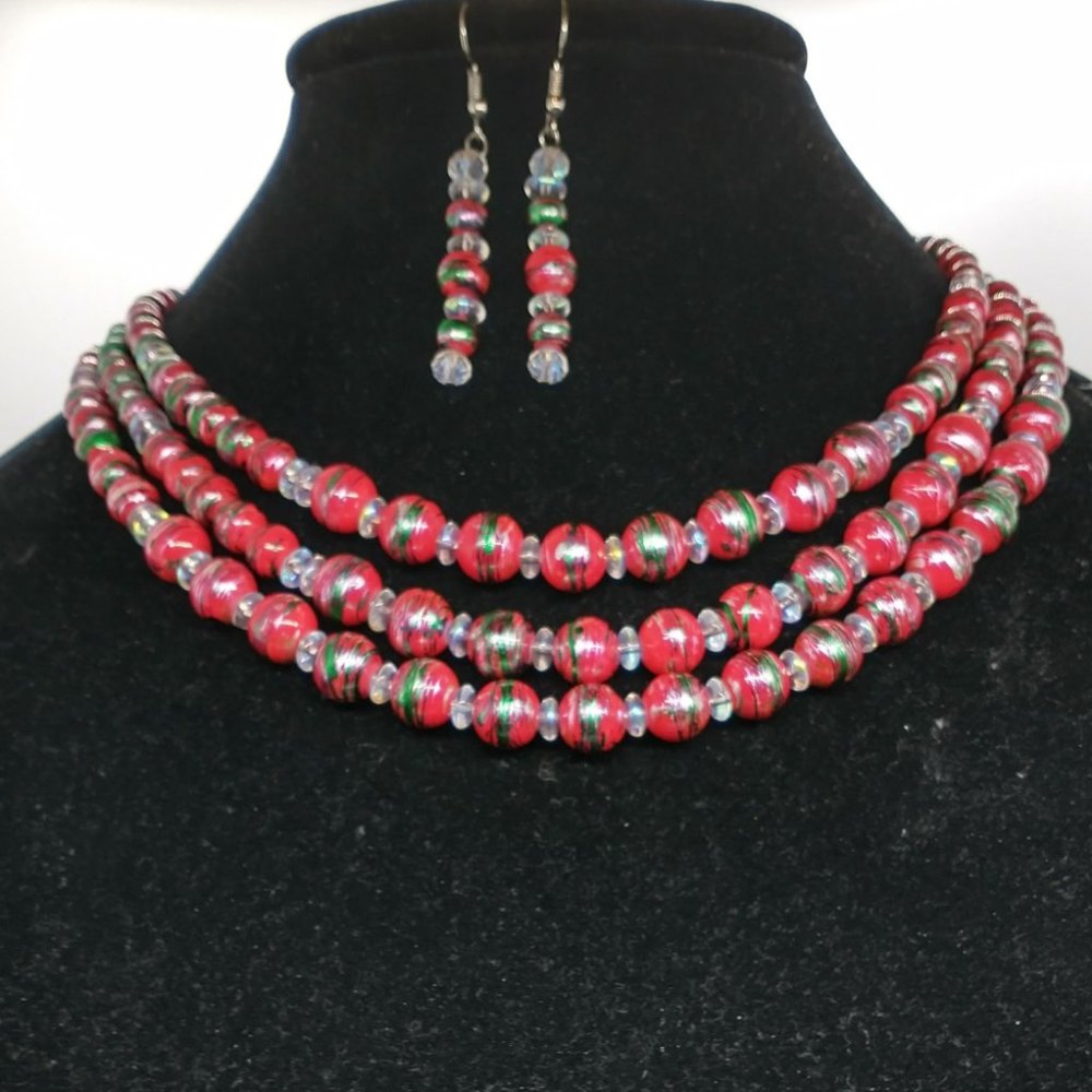 Red and Green Abstract Glass Bead Necklace Earrings and Bracelet Set